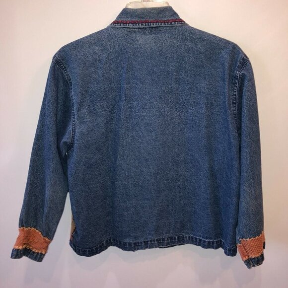 New Direction Womens Medium Blue Embroidered Leaves Button Up Denim Jean Jacket - Picture 9 of 11